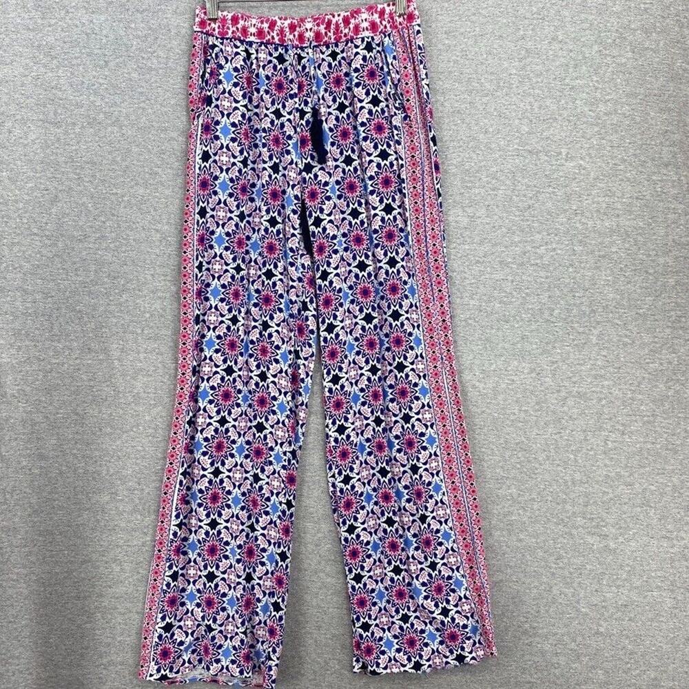 Fever Pants Womens Small Pink Blue Floral Wide Leg Drawstring Pull On Pockets